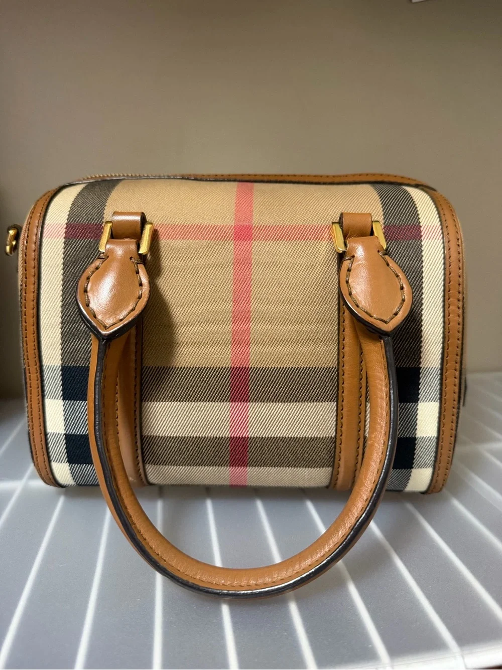 Burberry Alchester Tan Leather & Classic Check bowling bag